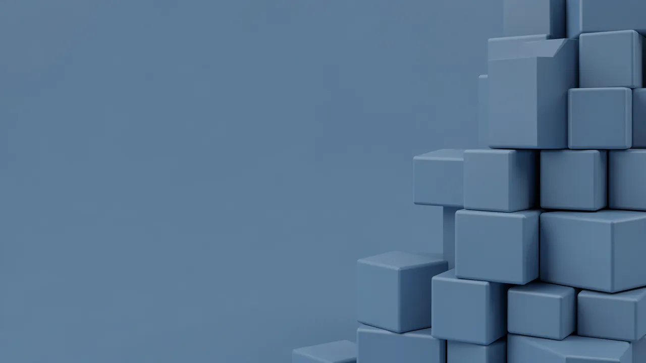 Stack of matte dusty blue cubes sits at the right edge with empty copy space on the left side