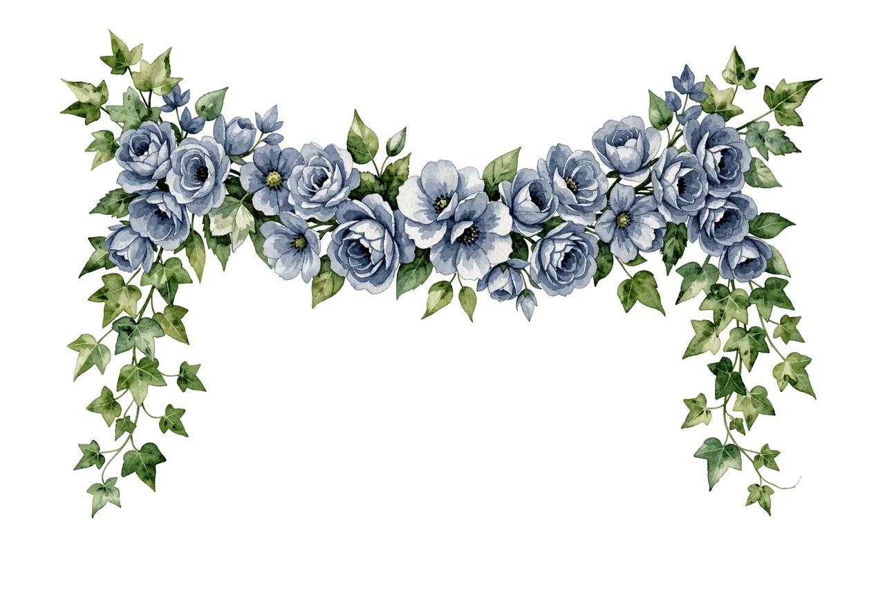 Watercolor arched swag of dusty blue flowers and trailing ivy on a plain white background