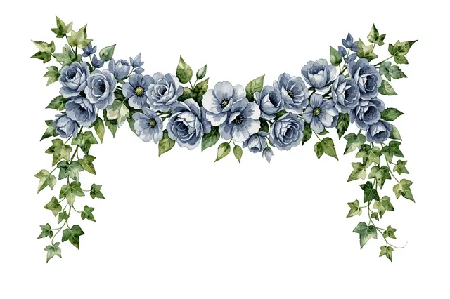 Watercolor arched swag of dusty blue flowers and trailing ivy on a plain white background