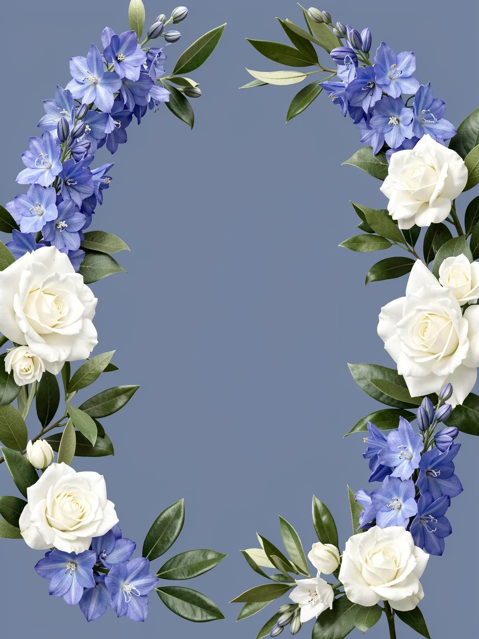 A symmetrical floral border of delphiniums, white roses and green leaves frames an empty dusty blue center.