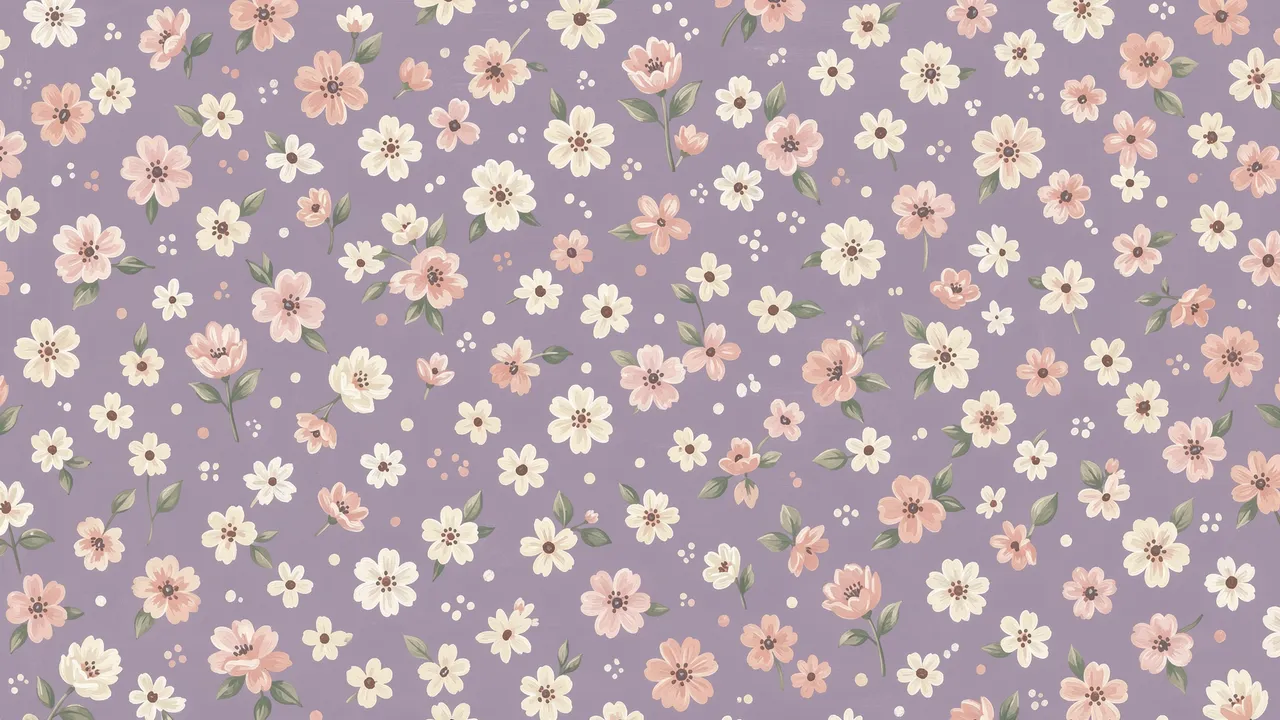 Hand-painted ditsy floral pattern of tiny ivory and blush flowers on a soft dusty lilac background