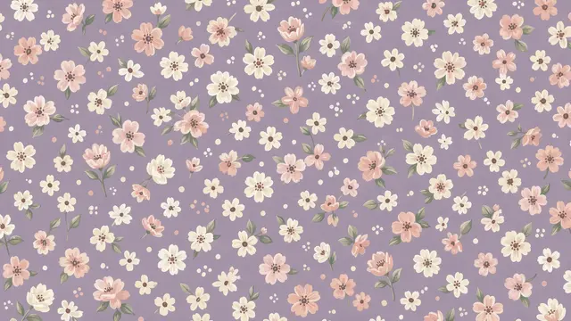Hand-painted ditsy floral pattern of tiny ivory and blush flowers on a soft dusty lilac background