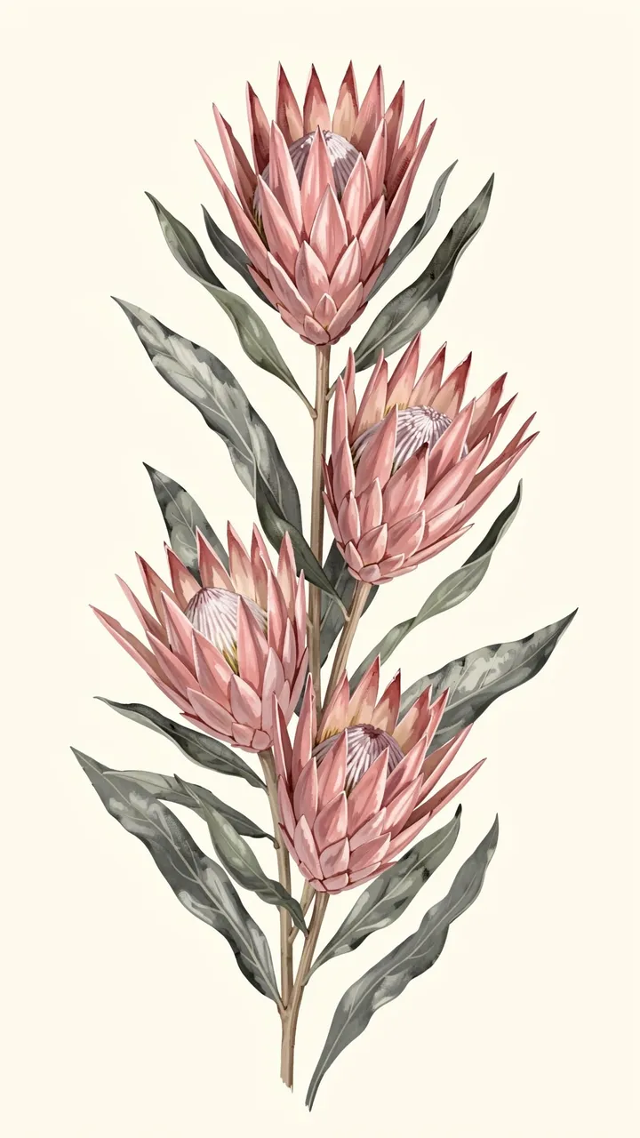 Hand-painted vertical arrangement of dusty pink protea flowers with gray-green leaves on a cream background