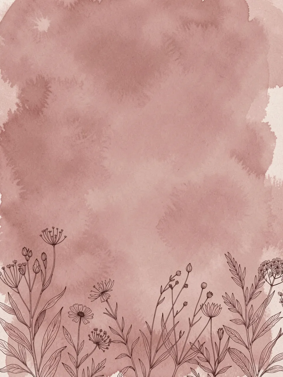 Dusty rose watercolor wash background with delicate dried botanical line art along the bottom edge and empty copy space above