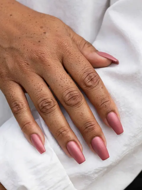 A close up of a hand with satin dusty rose coffin nails resting on plain white fabric