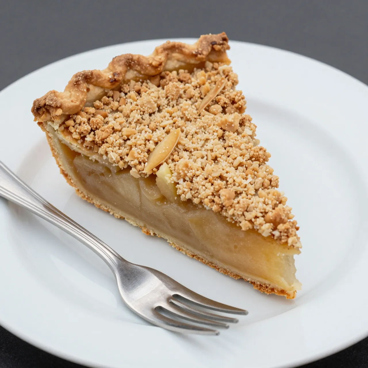 Slice of crumble-top apple pie on a white plate with a metal fork beside it