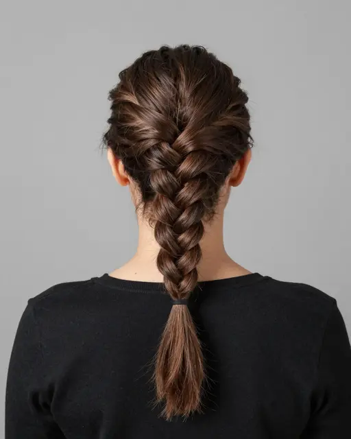 Back view of a woman with a neat Dutch braid standing against a plain grey backdrop