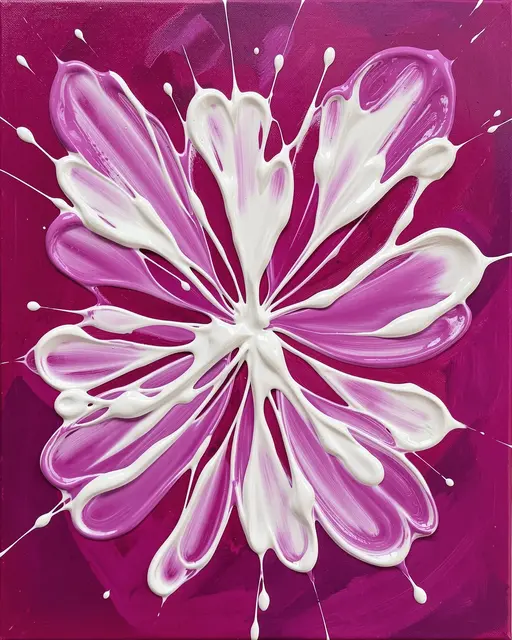 Thick textured white and purple paint forms a radial flower shape over a deep magenta poured background