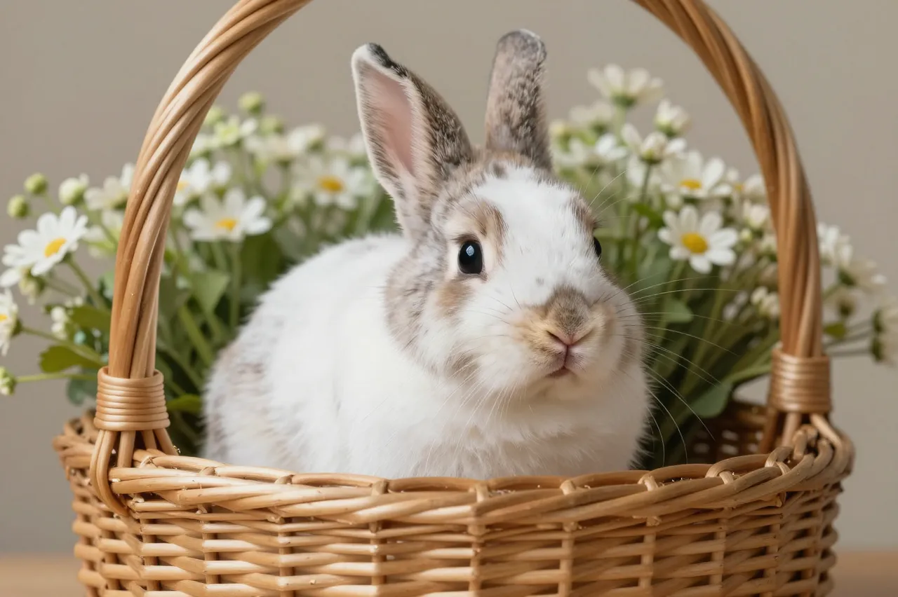 A fluffy dwarf rabbit sits inside a wicker basket surrounded by white daisy flowers.