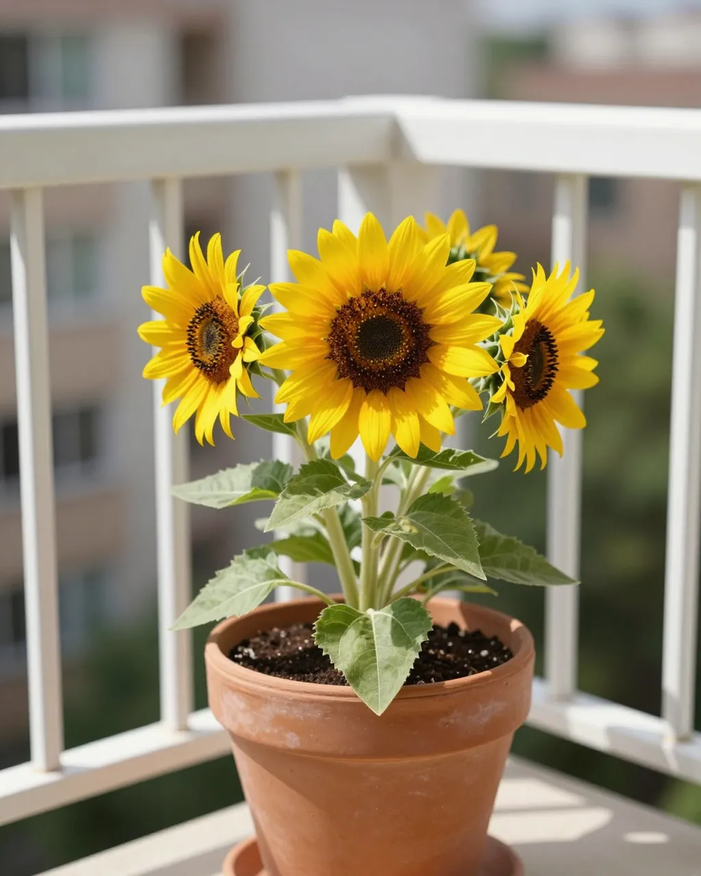 Blooming dwarf sunflowers in a terracotta pot sit on a sunny apartment balcony with a white railing.