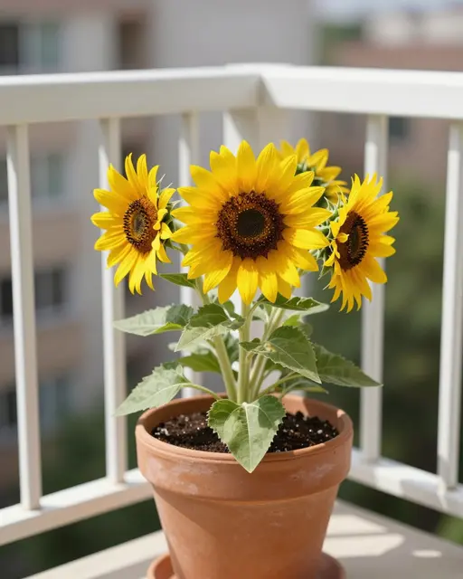 Blooming dwarf sunflowers in a terracotta pot sit on a sunny apartment balcony with a white railing.