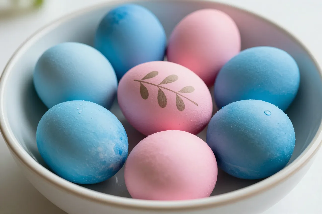 Blue and pink dyed Easter eggs with a leaf print arranged in a light ceramic bowl