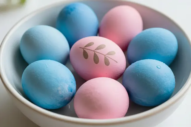 Blue and pink dyed Easter eggs with a leaf print arranged in a light ceramic bowl