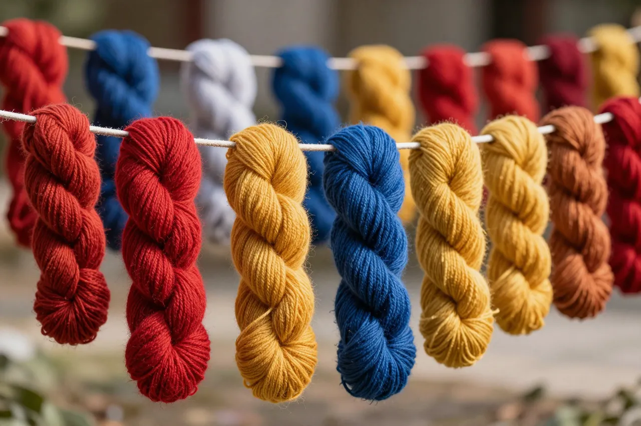 Rows of colorful freshly dyed wool skeins hang from lines to dry in bright outdoor sunlight.