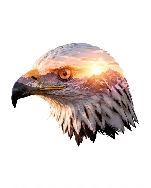 Double exposure eagle head portrait overlaid with a sunrise mountain range on a plain white background
