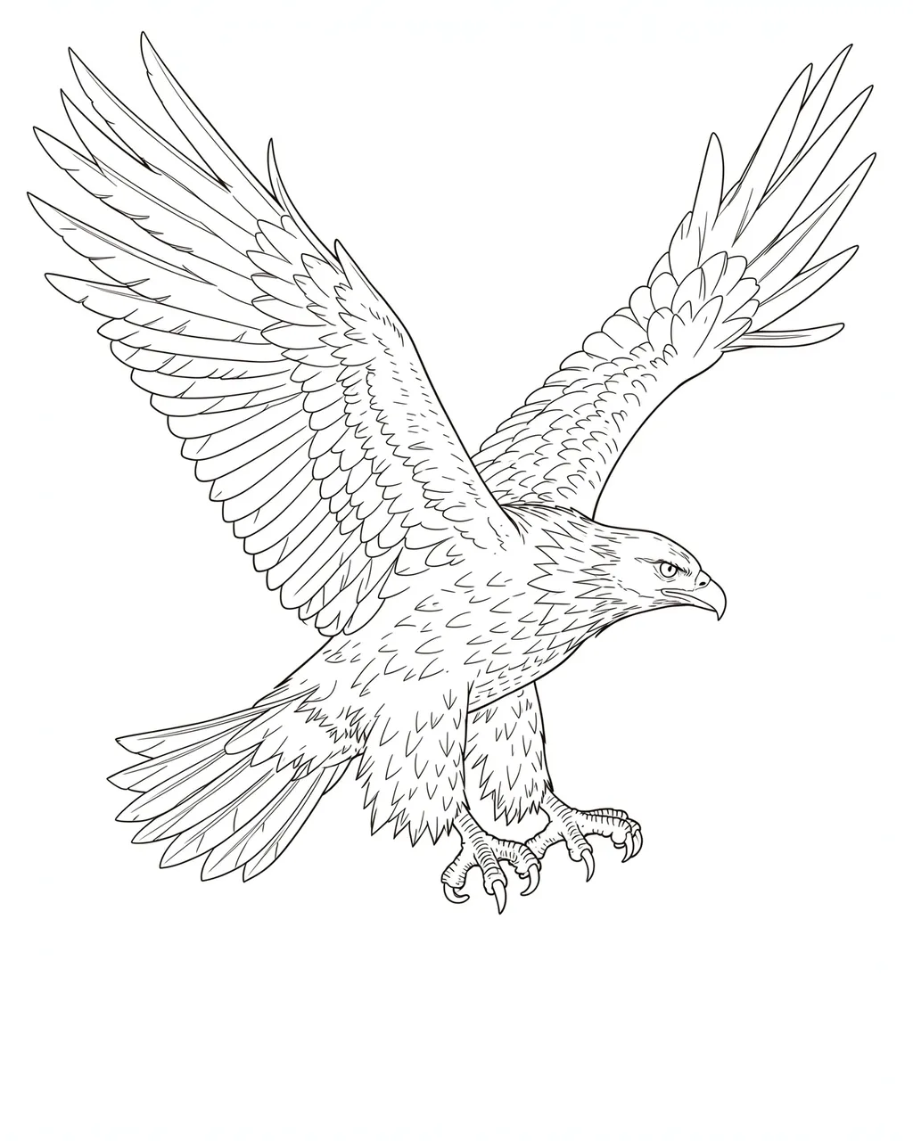 Fine single-weight line drawing of an eagle mid-flight with outstretched wings and extended talons on a plain white