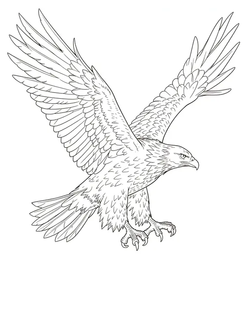 Fine single-weight line drawing of an eagle mid-flight with outstretched wings and extended talons on a plain white