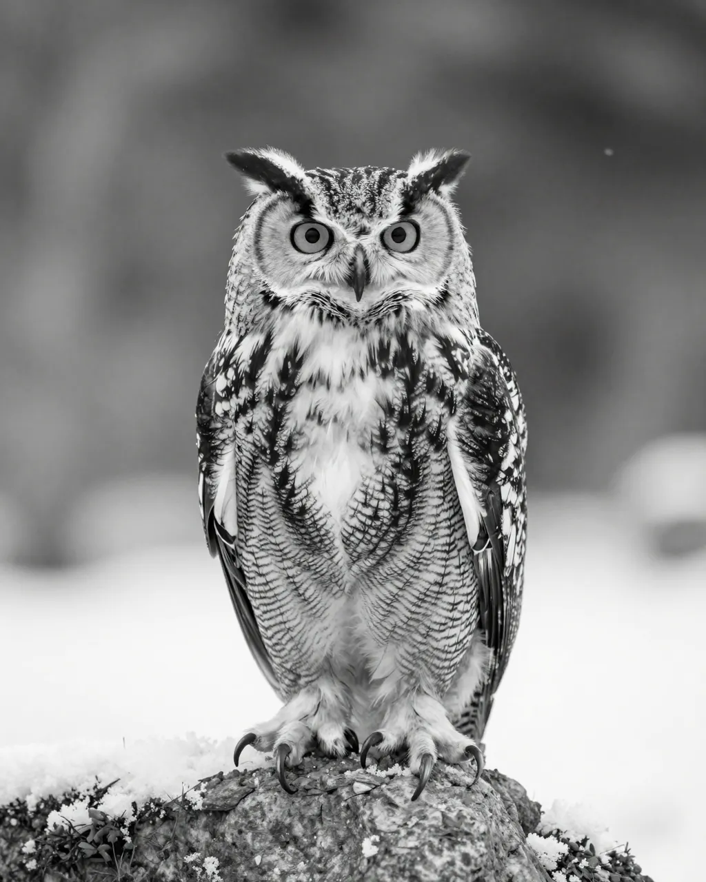 Black and white close-up of an eagle owl with raised ear tufts perched on a snow-dusted rock as snow falls gently.