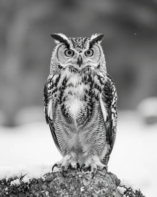 Black and white close-up of an eagle owl with raised ear tufts perched on a snow-dusted rock as snow falls gently.