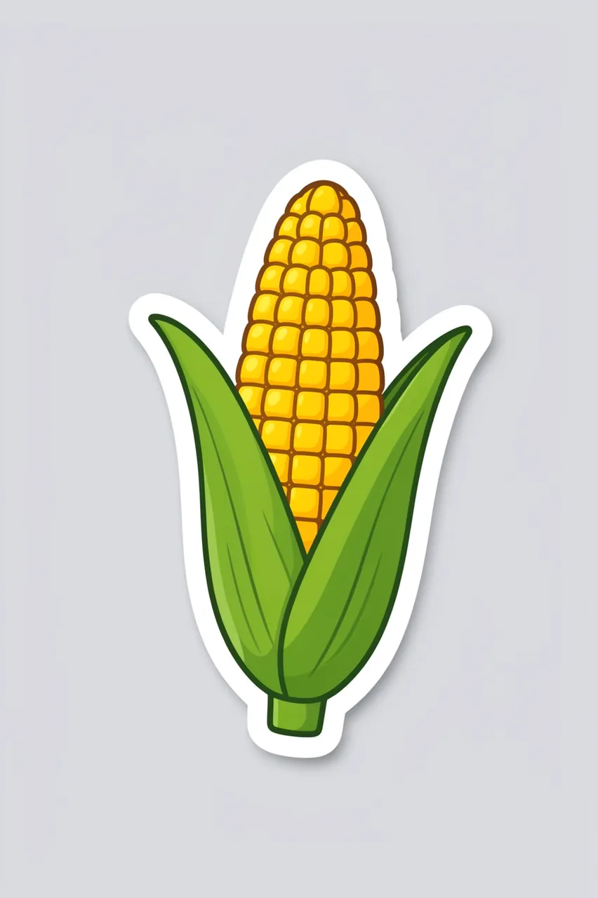 Cute flat die-cut sticker of a husked ear of corn with a thick white border on a light gray background