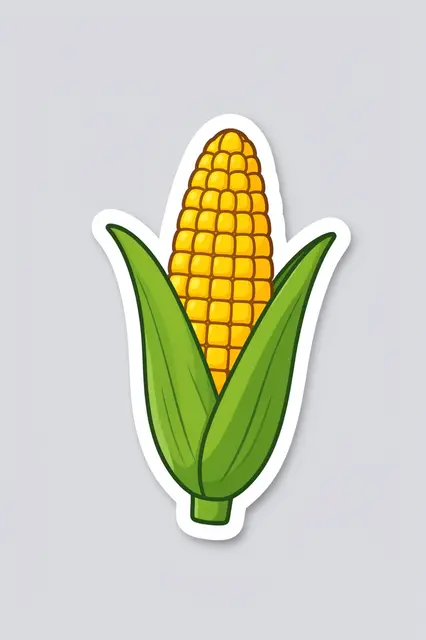 Cute flat die-cut sticker of a husked ear of corn with a thick white border on a light gray background