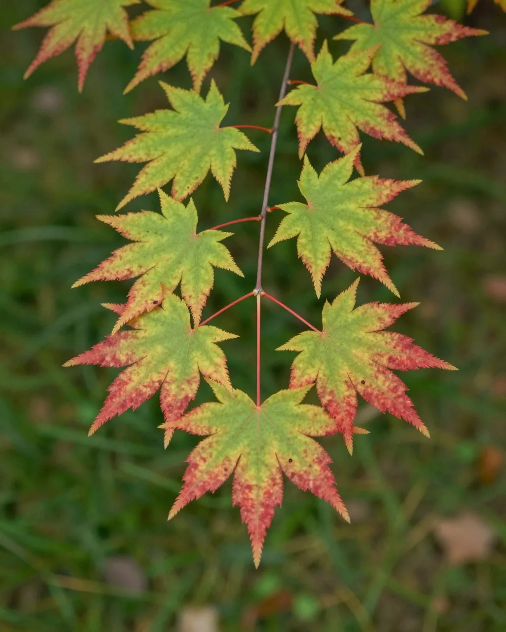 A maple branch displaying gradient green to red leaves against blurred grassy ground