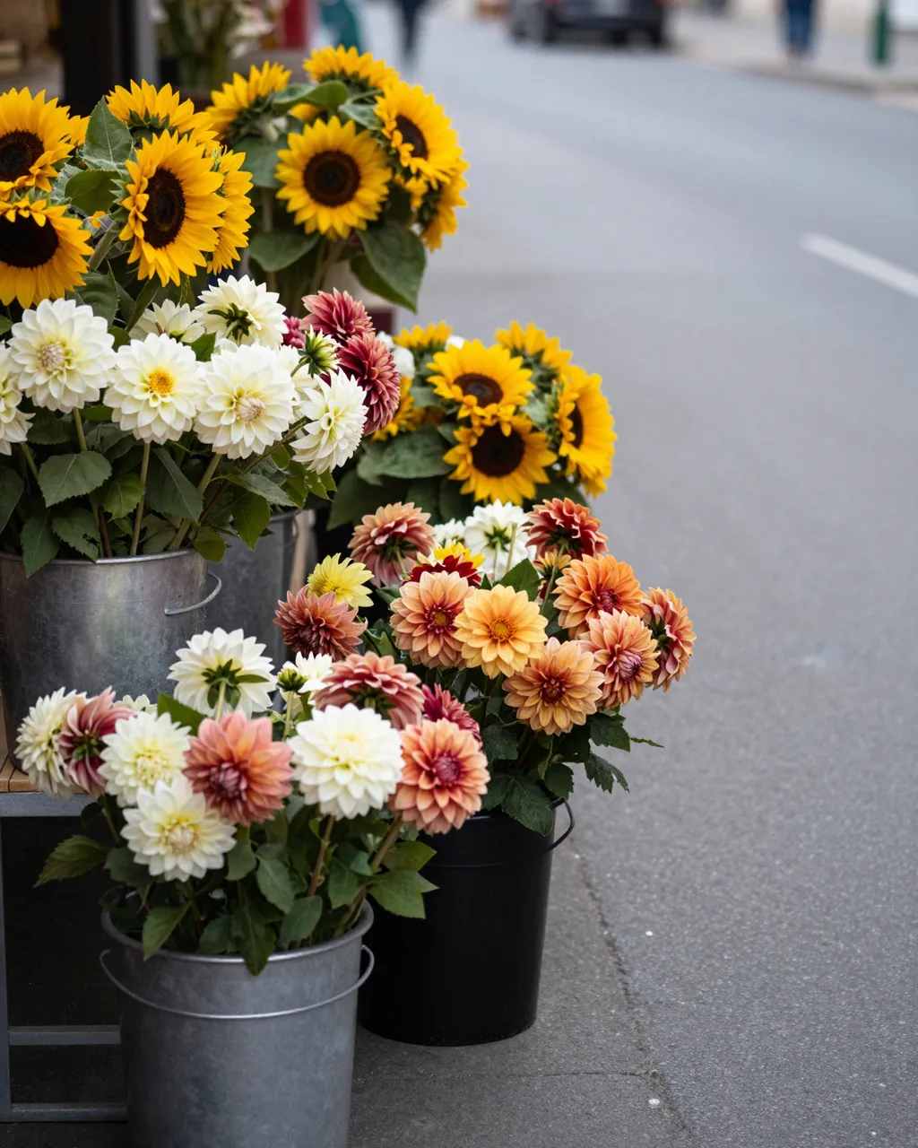 Metal buckets of sunflowers and mixed dahlias sit lined along a quiet paved street at dawn