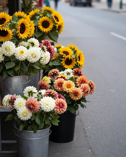 Metal buckets of sunflowers and mixed dahlias sit lined along a quiet paved street at dawn
