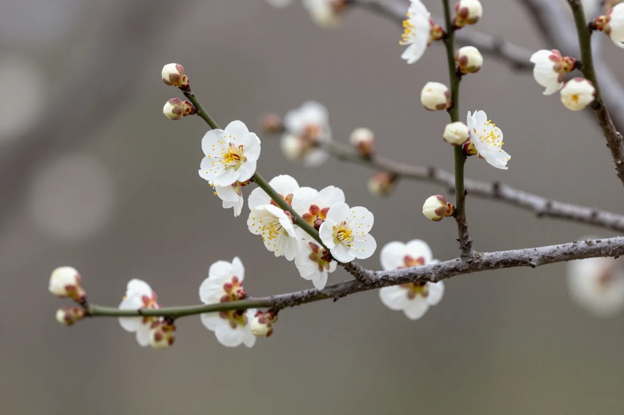 Sharp white plum blossoms and unopened buds grow on dark branches against a soft blurred neutral background