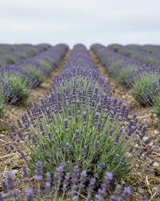 Rows of budding lavender stretch into the distance under a soft overcast sky