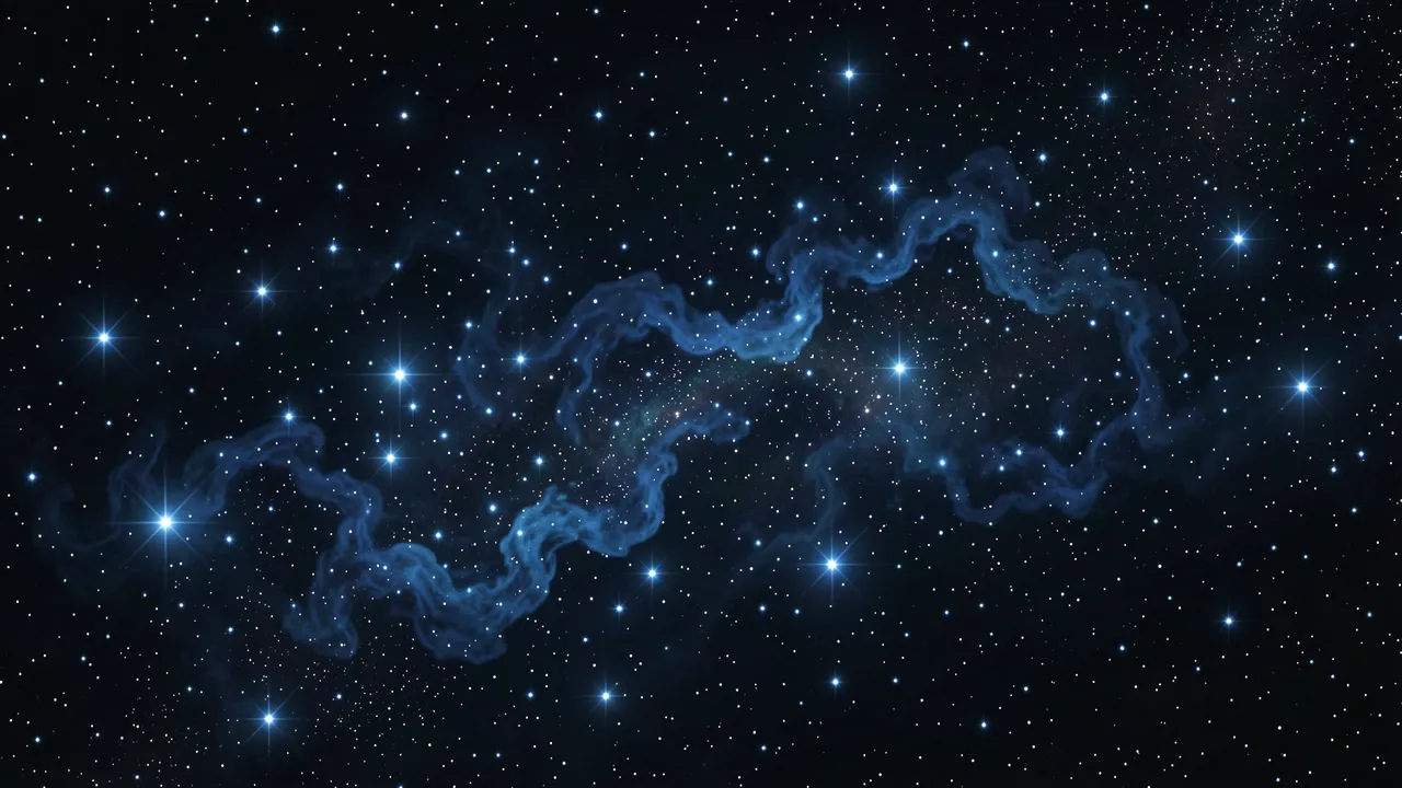 Glowing blue nebula gas clouds are scattered with bright newly ignited stars in dark deep space