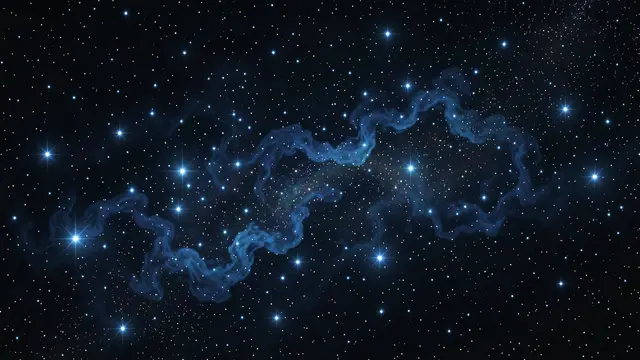 Glowing blue nebula gas clouds are scattered with bright newly ignited stars in dark deep space