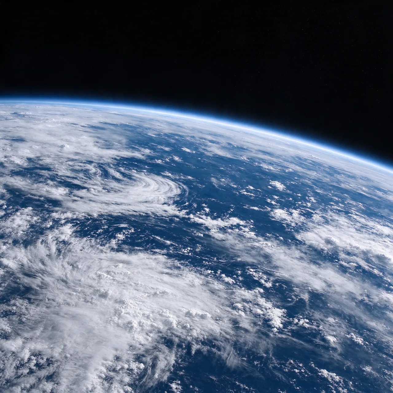Curved planet Earth showing deep blue oceans, swirling white clouds, and glowing atmospheric edge against black space