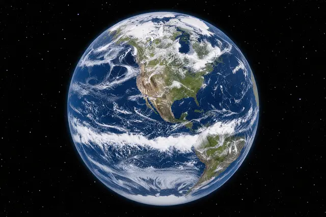Full view of planet Earth showing North and South America set against a starry black space background