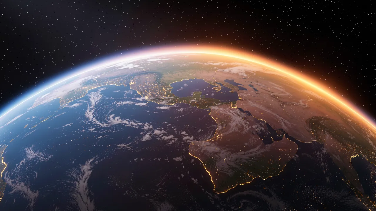Curved planet Earth viewed from orbit with glowing sunrise along the atmospheric horizon against a starry dark sky