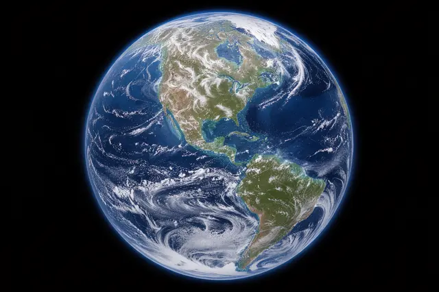 Full view of planet Earth showing the Americas with swirling white clouds against black space