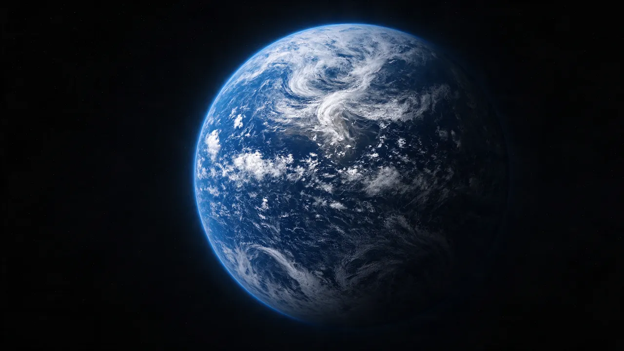 Full blue planet Earth with swirling white clouds set against the black void of outer space.