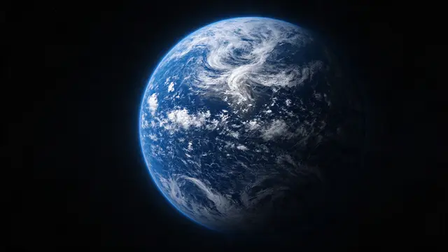 Full blue planet Earth with swirling white clouds set against the black void of outer space.
