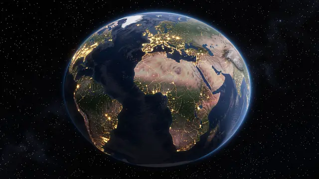 3D render of planet Earth viewed from space, showing glowing city lights against a starry black background