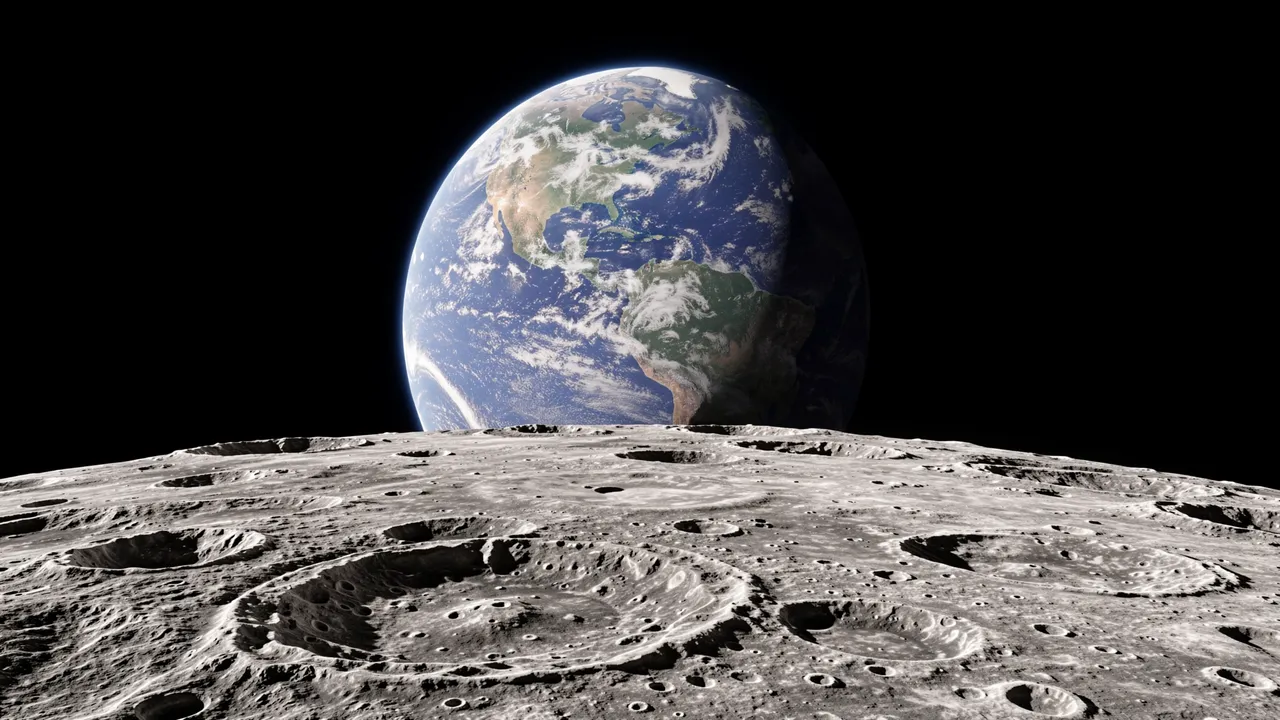 Craters of the moon surface stretch out with the Earth rising above the horizon against black space