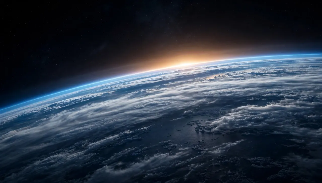 View from orbit of glowing Earth sunrise above layered clouds and dark ocean beneath starry space