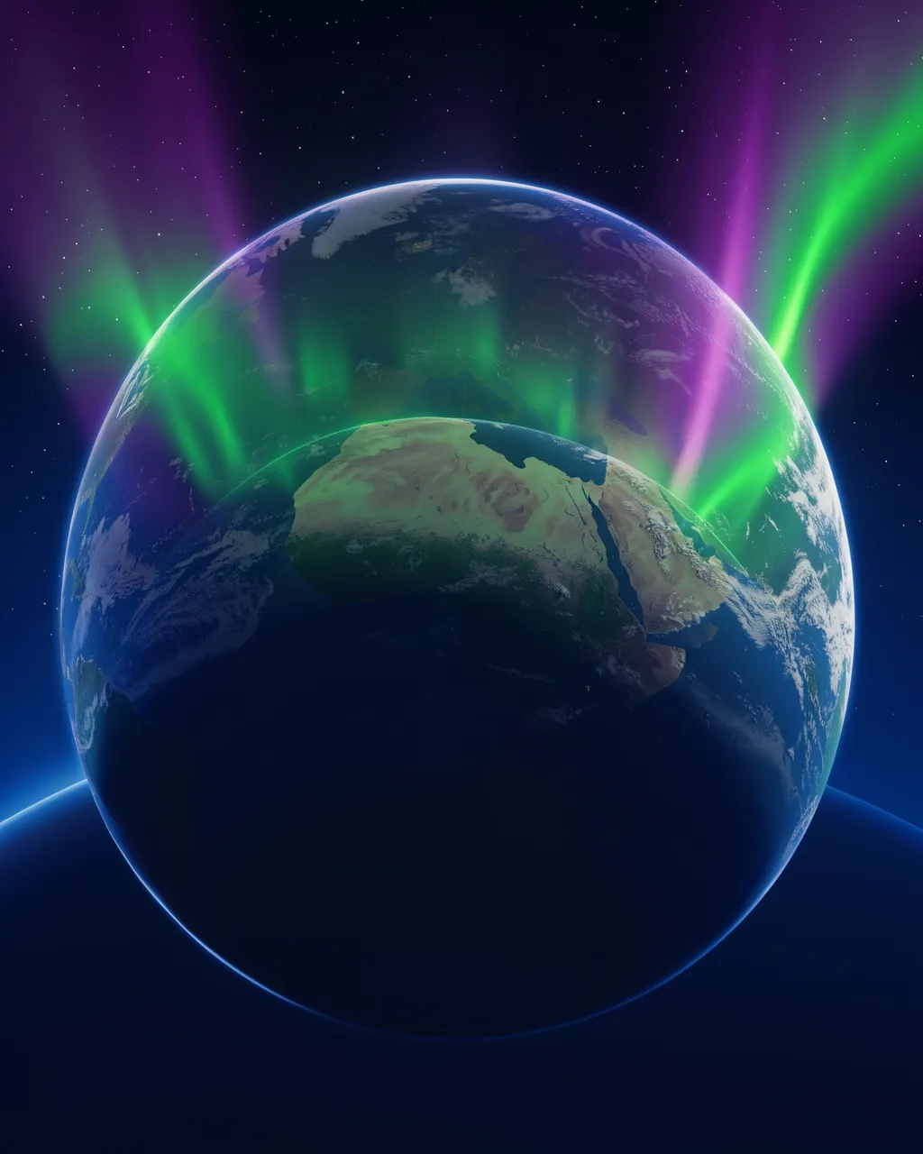Planet Earth viewed from space showing green and purple auroras over its polar regions against a starry dark sky