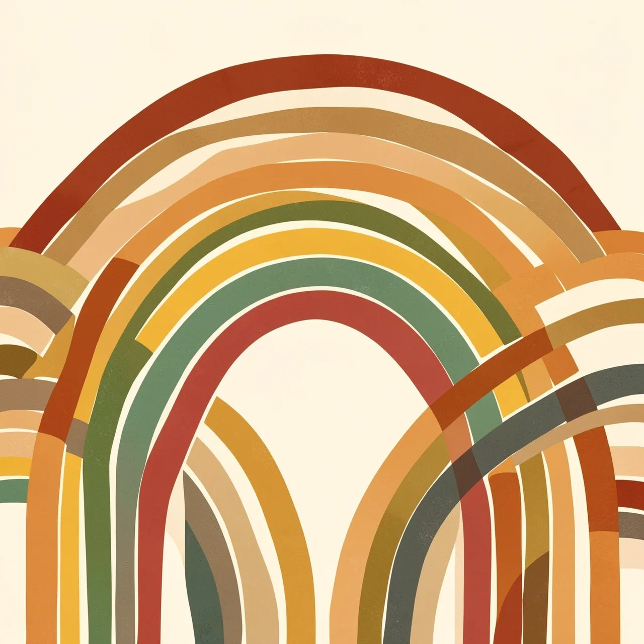 Overlapping retro rainbow arcs in warm earthy tones set against a soft cream background
