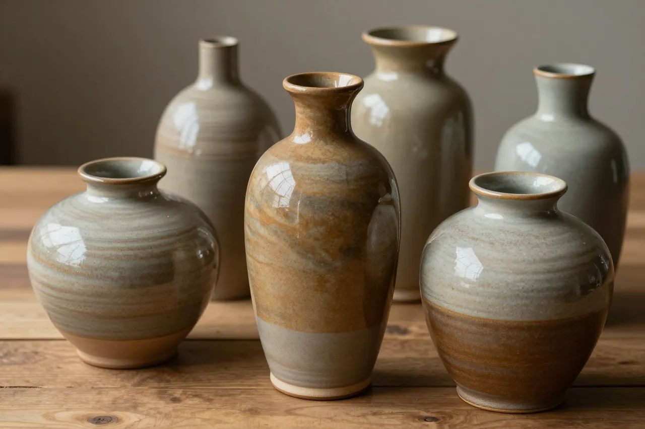 Glazed earth-tone ceramic vases arranged on a warm wooden table against a neutral wall