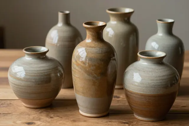 Glazed earth-tone ceramic vases arranged on a warm wooden table against a neutral wall