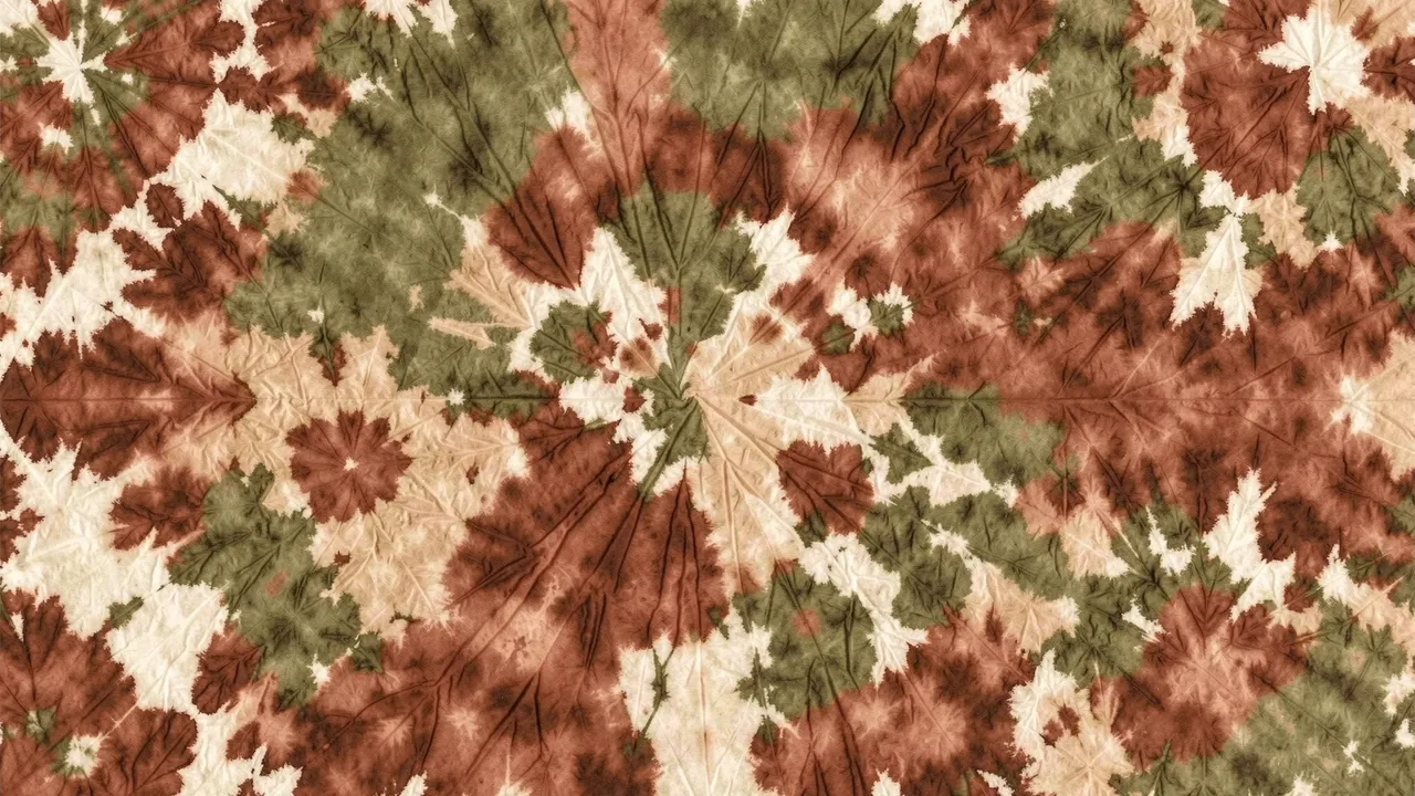 Symmetrical hand-painted tie-dye pattern in rust, olive green and warm sand tones