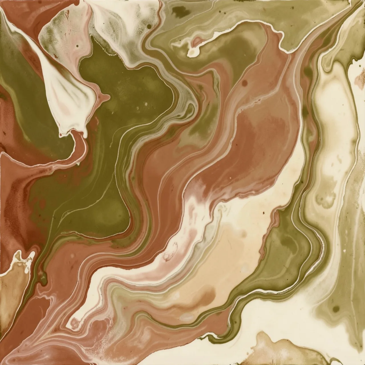 Swirling marbled fluid art in olive green, terracotta, and soft ivory tones