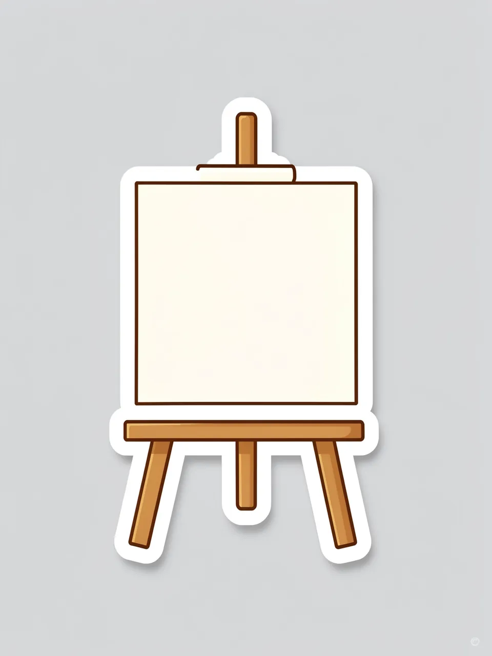 Die-cut sticker illustration of a wooden easel holding a blank canvas on a light gray background