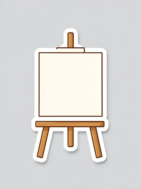 Die-cut sticker illustration of a wooden easel holding a blank canvas on a light gray background