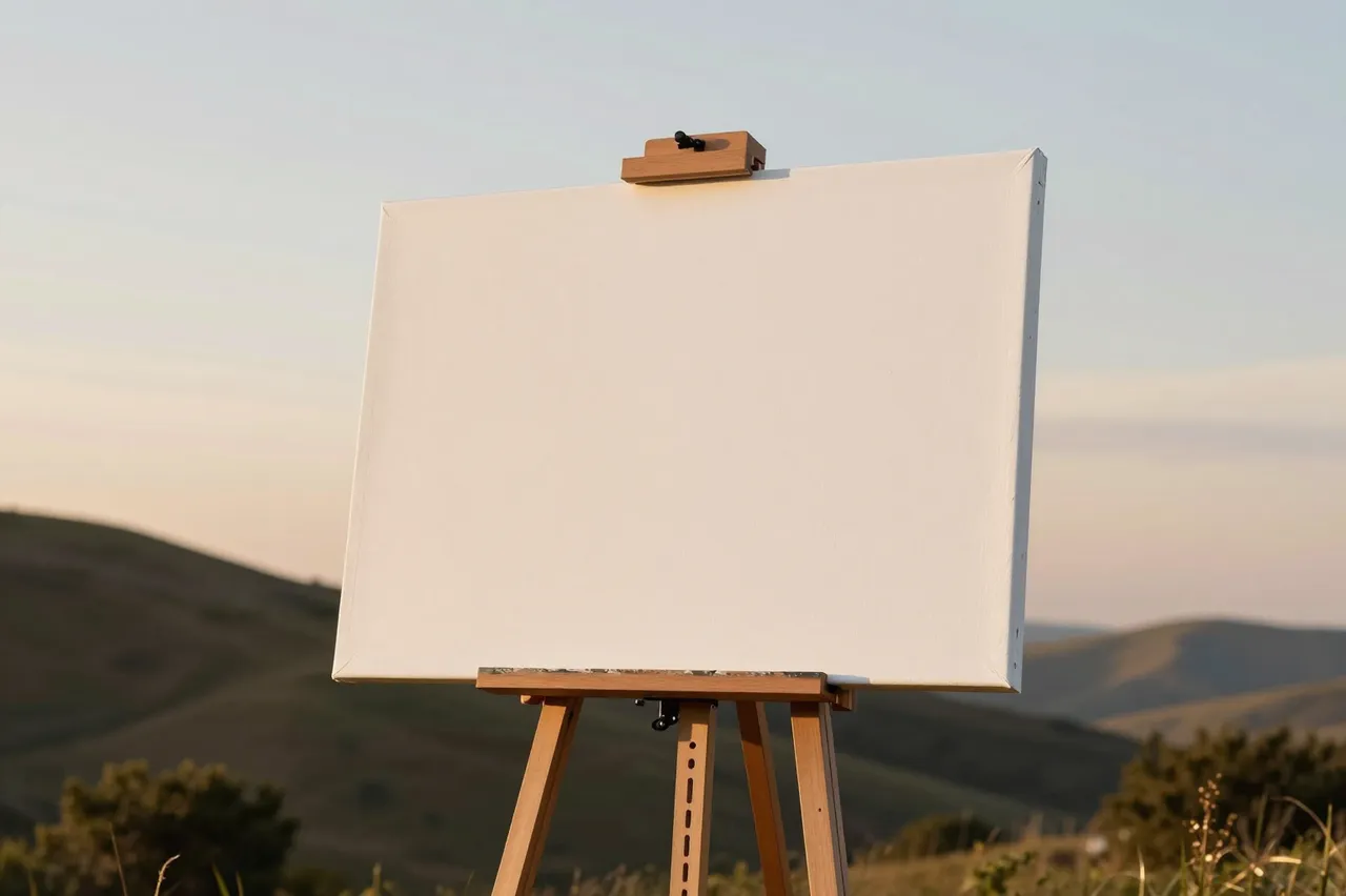 Wooden easel holding a blank canvas sits on a grassy hillside at golden hour sunset